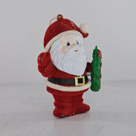 Vintage Flocked Santa Claus Holding Wreath Ornament Christmas Hong Kong - Picture 2 of 9